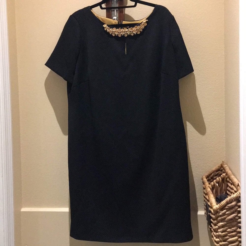 Tahari Black Dress with Gold & Pearl detail